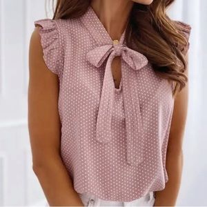 Polka Dot Flutter Sleeve Shirts, Sleeveless V-Neck Bow Tie Blouse, Casual Tops,